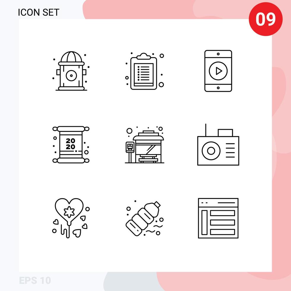 Group of 9 Outlines Signs and Symbols for radio city bus terminal play stop invoice Editable Vector Design Elements