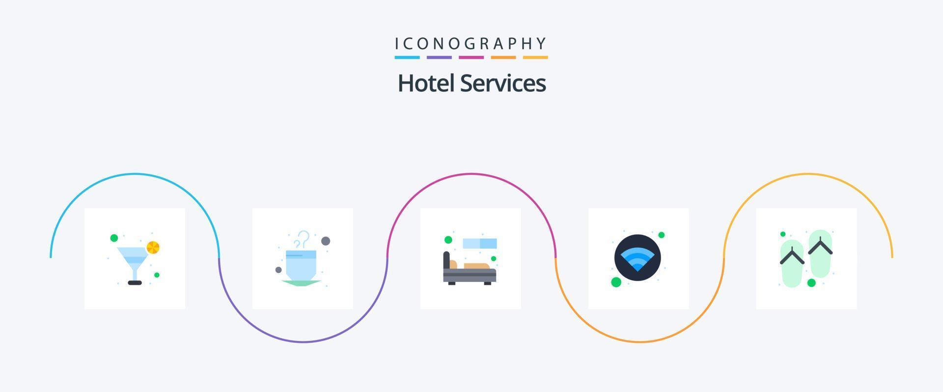 Paquete de 5 iconos planos de servicios de hotel que incluye bienestar. zapatillas. habitación. Wifi. hotel vector