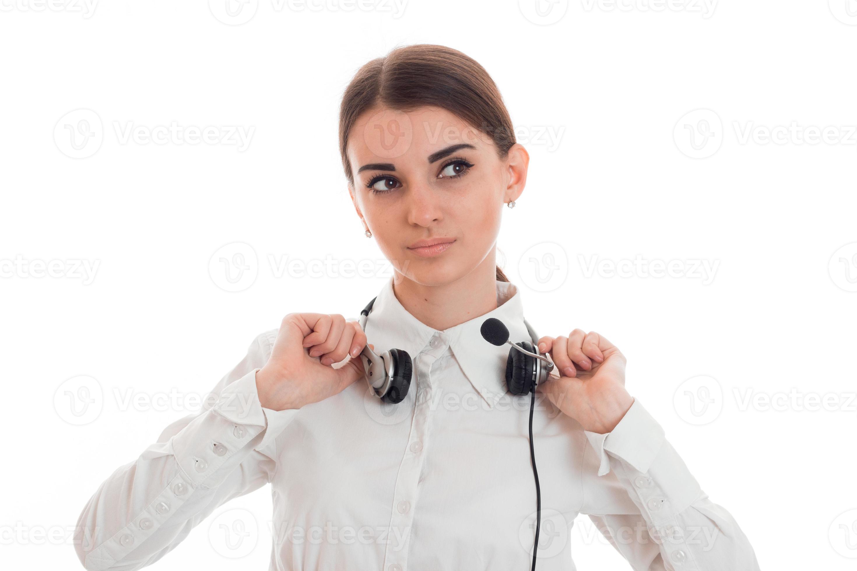 young call office girl in white shirt with headphones isolated on