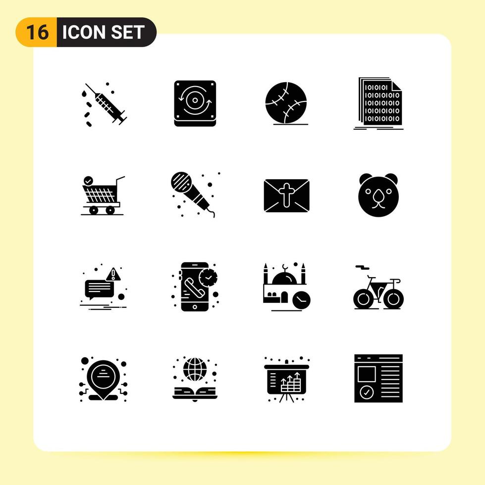 conjunto moderno de 16 glifos y símbolos sólidos, como documentos minoristas, código de datos de béisbol, elementos de diseño vectorial editables vector