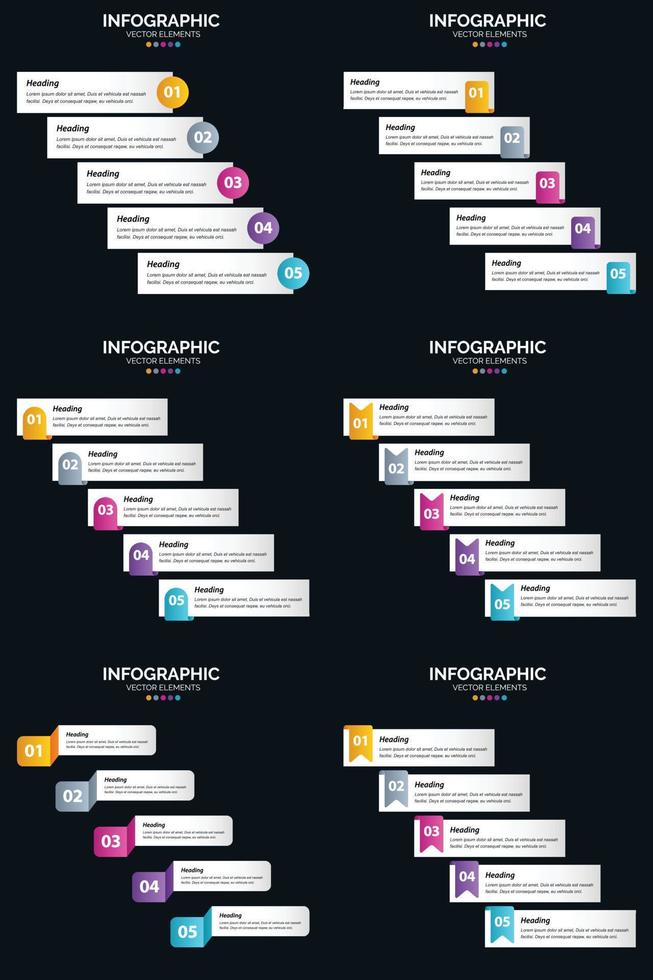 Vector 6 Infographics Pack Presentation slide template 5 Steps cycle diagrams and timelines