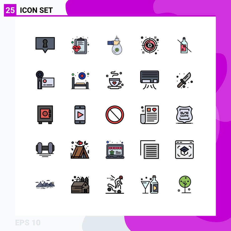 grupo de 25 signos y símbolos de colores planos de línea rellena para ver el enfoque financiero ofrece elementos de diseño de vectores editables