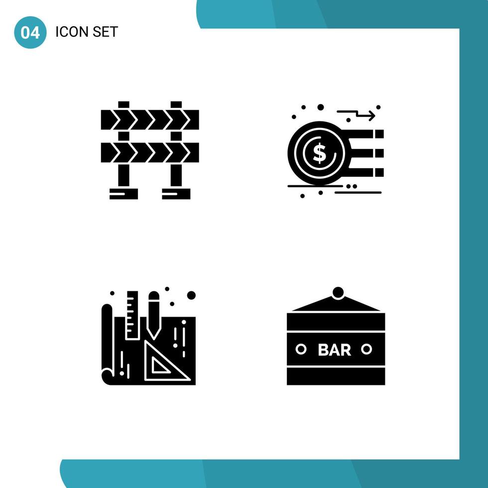 Group of 4 Modern Solid Glyphs Set for barricade interior design analysis graph bar sign Editable Vector Design Elements