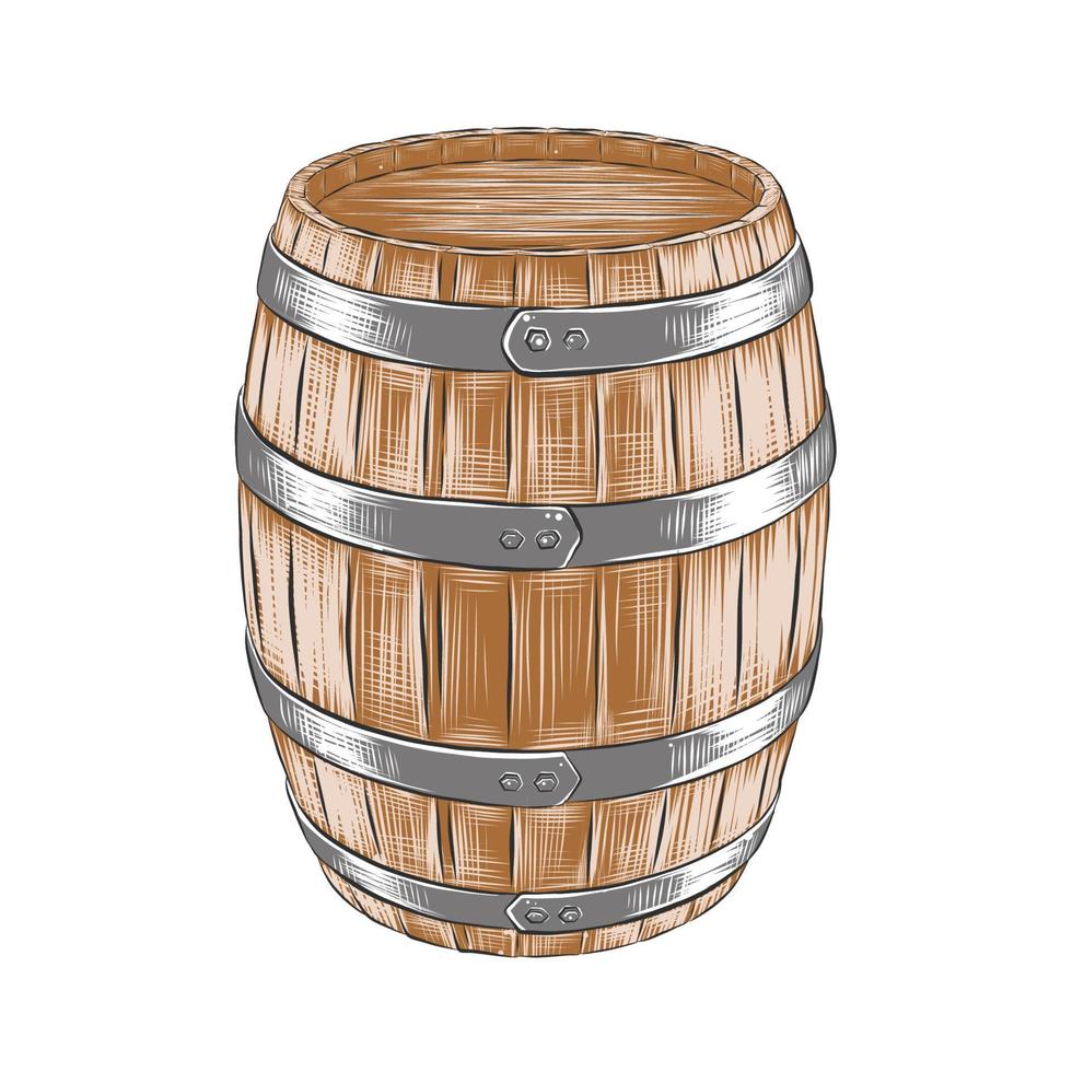 Vector engraved style illustration for posters, decoration and print. Hand drawn sketch of barrel of wine with a splash, colorful isolated on white background. Detailed vintage woodcut style