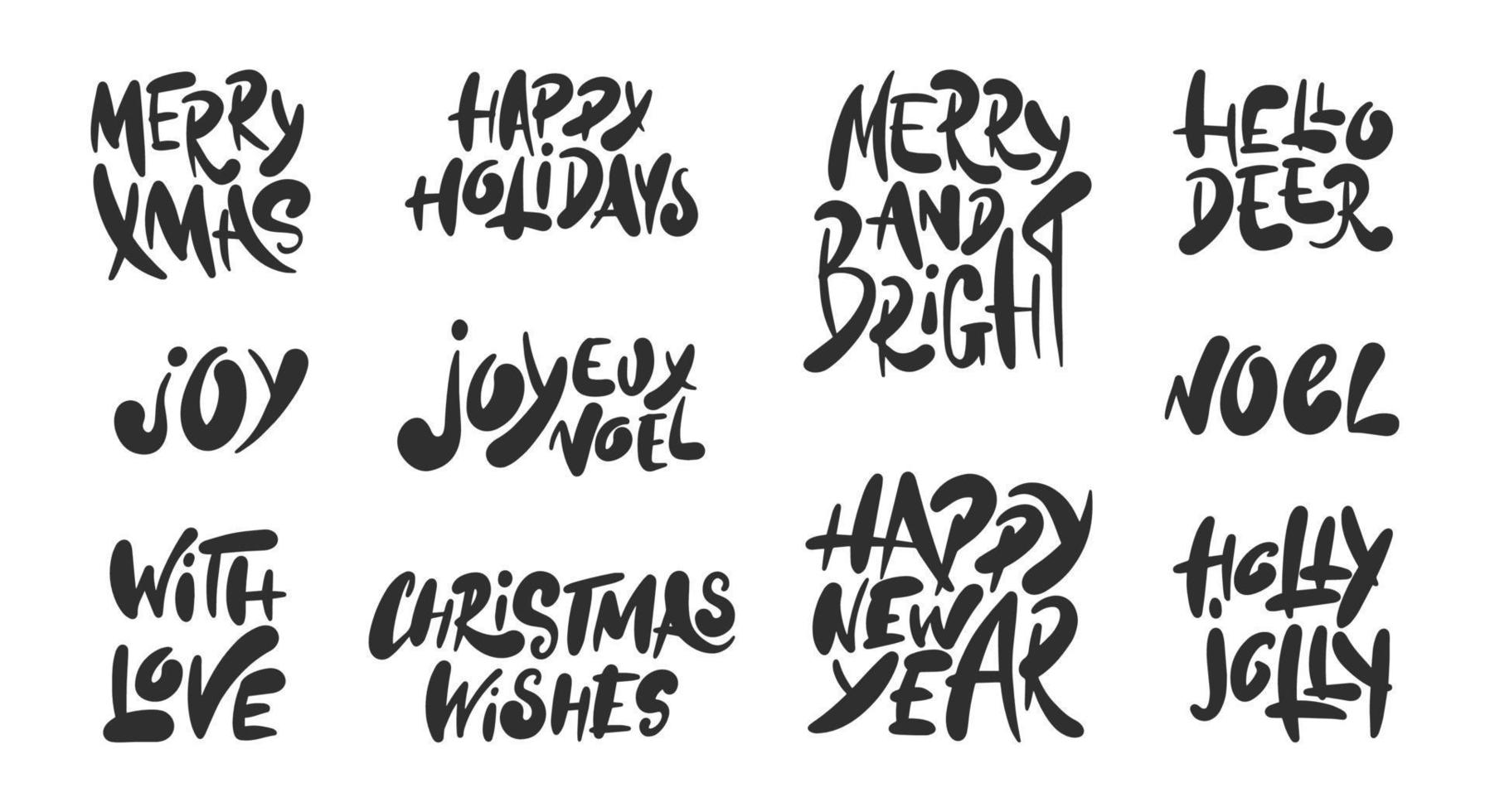 Collection of vector lettering for posters, decoration, cards and print. Hand drawn words set Christmas and New Year holiday isolated on white background. Hand drawn unique typography design elements.