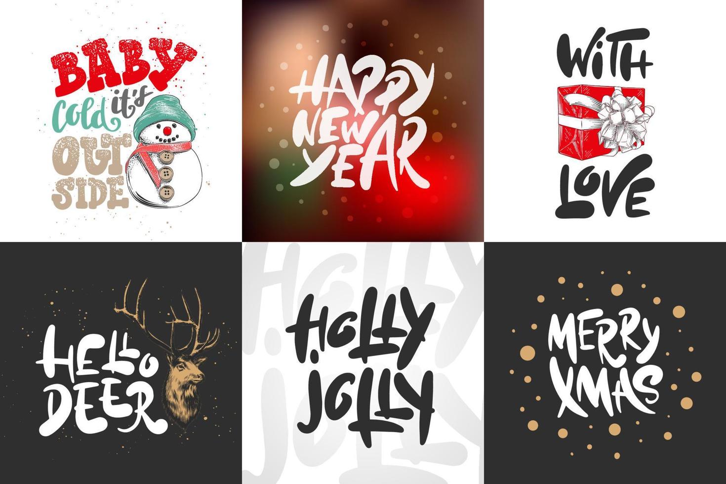 Vector collection of greeting cards, stamps, stickers and posters with hand drawn lettering and engraved illustrations. Sketch set Christmas and New Year holiday. Detailed vintage etching drawing.