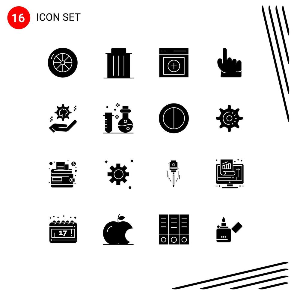 Modern Set of 16 Solid Glyphs and symbols such as cog setting interface touch hand Editable Vector Design Elements