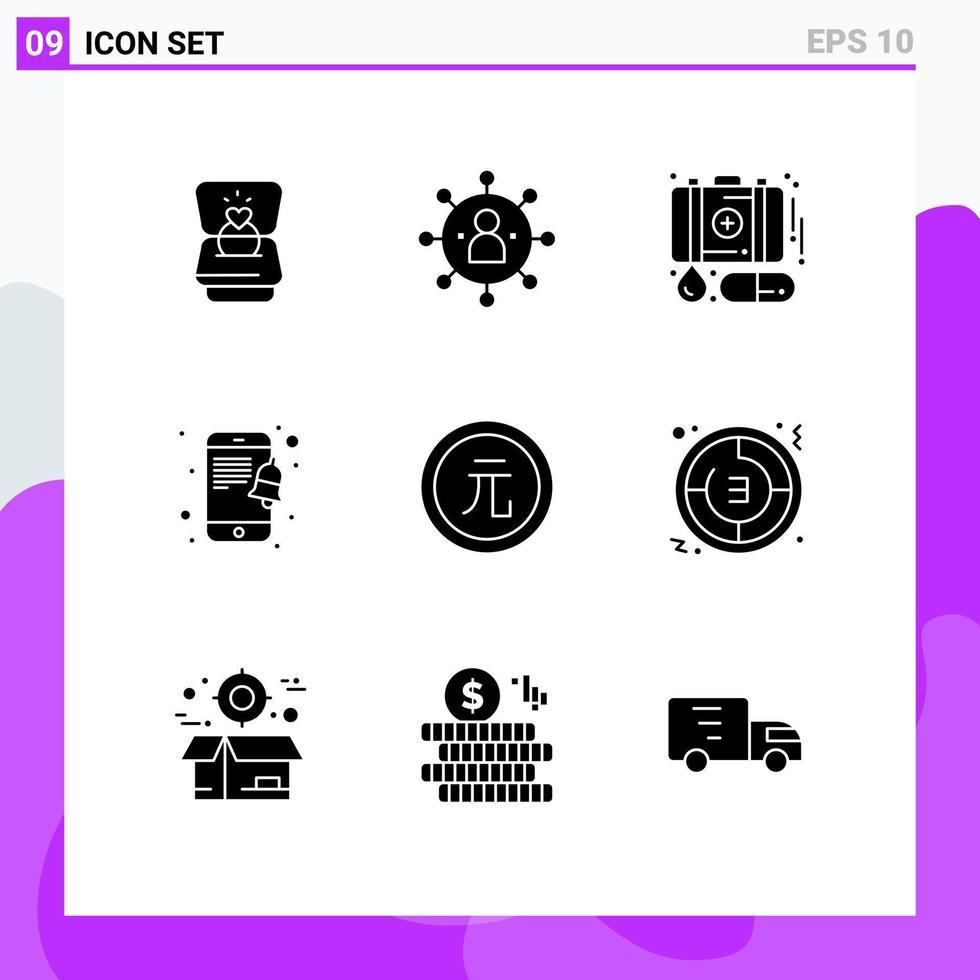 9 Universal Solid Glyphs Set for Web and Mobile Applications coin smartphone share notification medicine Editable Vector Design Elements
