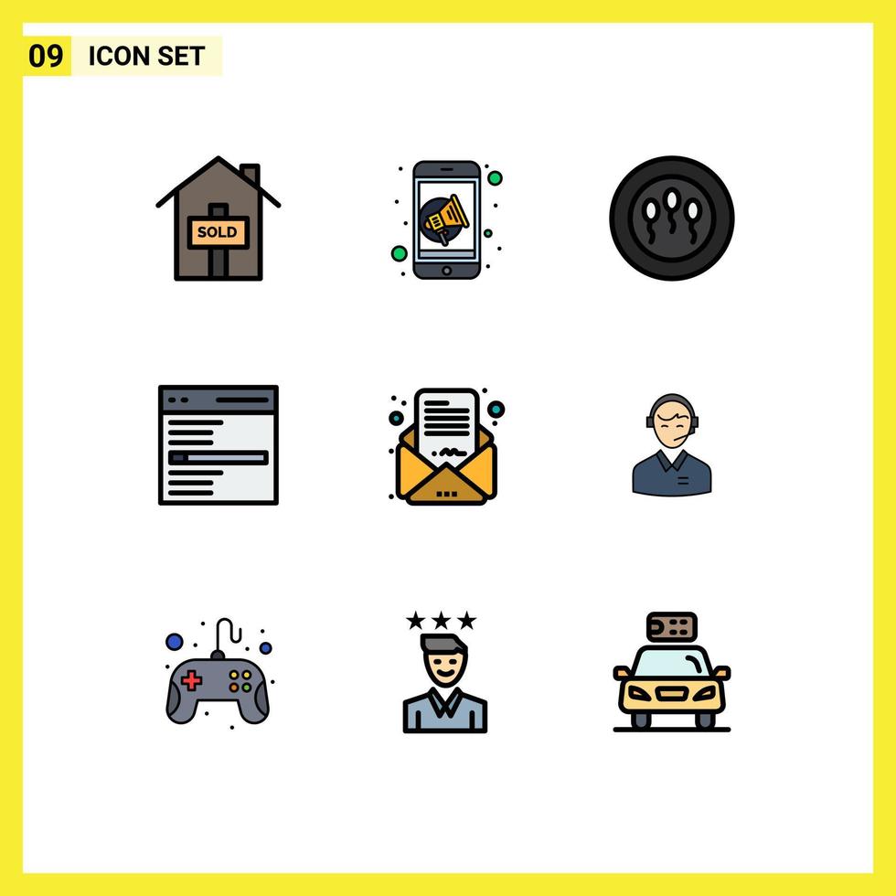 Group of 9 Filledline Flat Colors Signs and Symbols for letter business mail medical user interface Editable Vector Design Elements