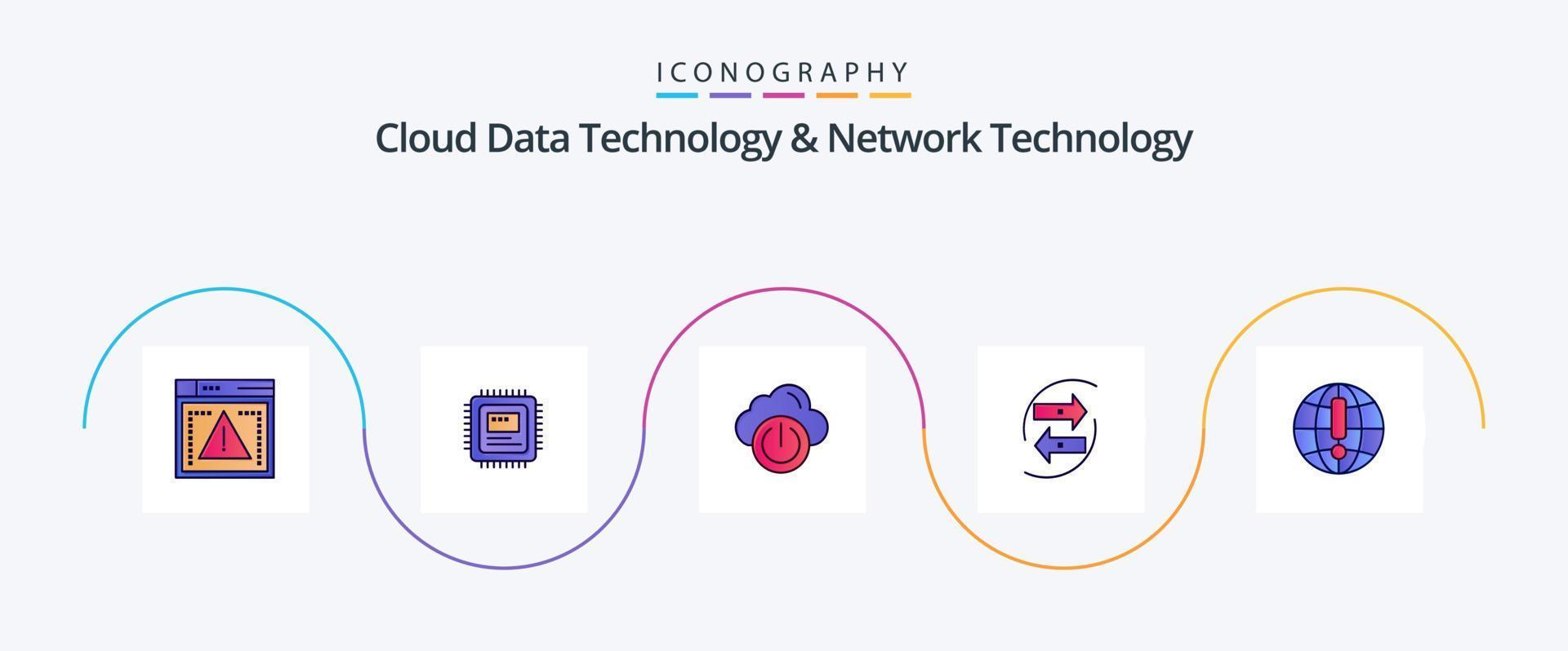 Cloud Data Technology And Network Technology Line Filled Flat 5 Icon Pack Including paper. exchang. cloud. data. chang vector