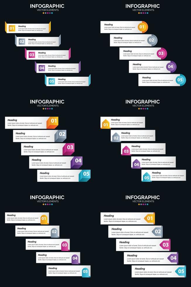 plantilla de diapositiva de presentación del paquete de infografías vectoriales 6 diagramas de ciclo de 5 pasos y líneas de tiempo vector