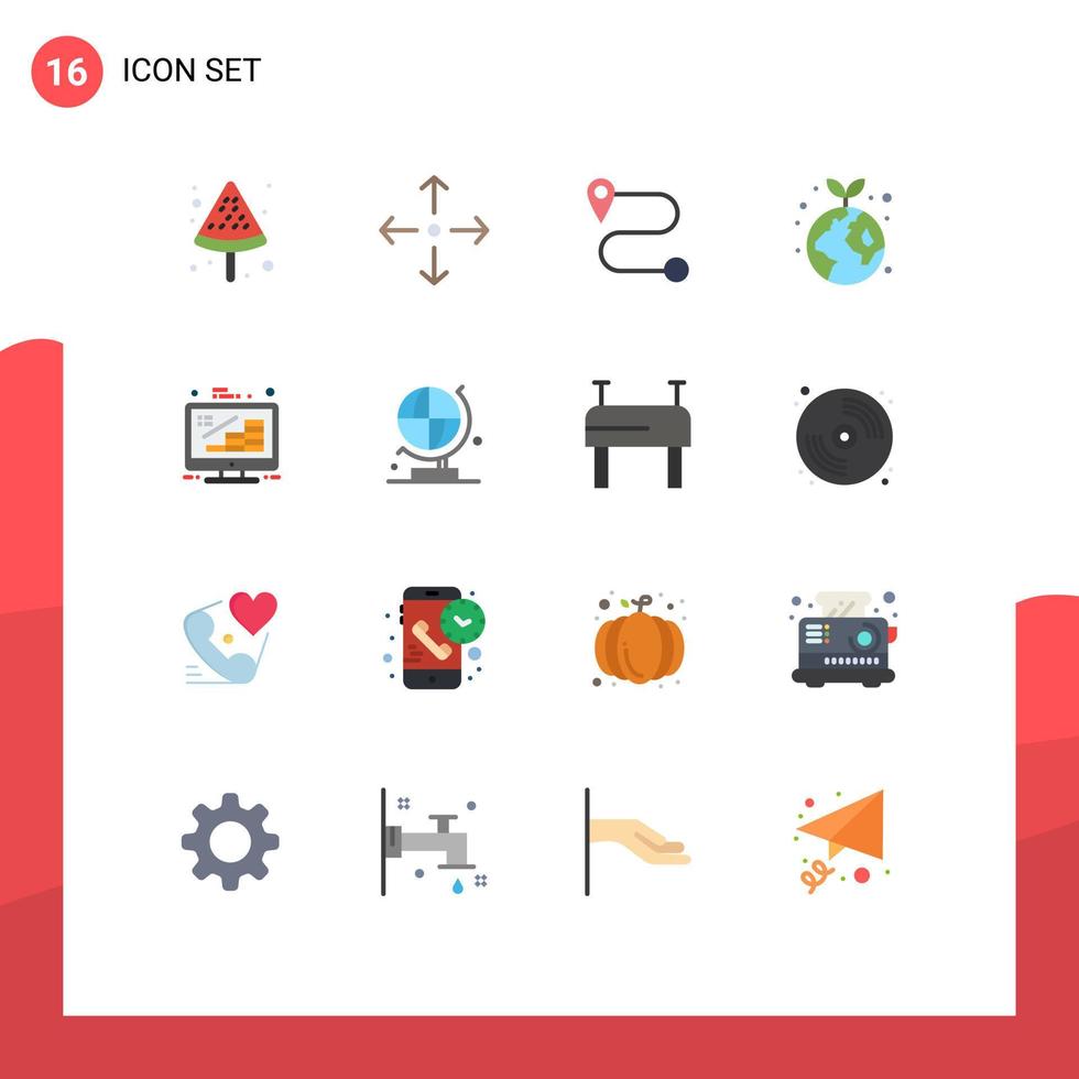 16 User Interface Flat Color Pack of modern Signs and Symbols of globe management ecology growth coins Editable Pack of Creative Vector Design Elements