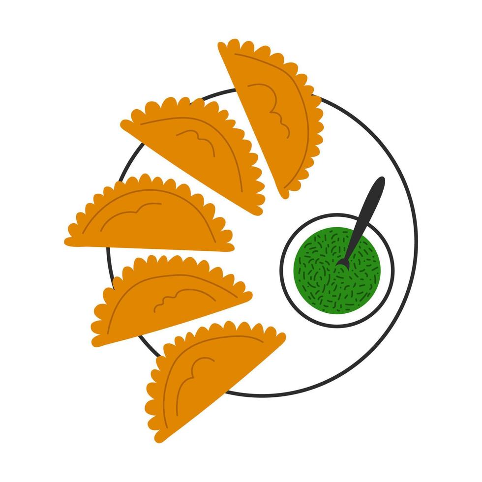 Traditional mexican empanadas with chimichurri sauce. Spanish, Latin American, Portuguese pastry, stuffed pies on a plate. Vector flat illustration.