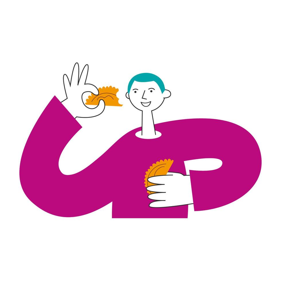 Person holds and eats empanadas. Man with latin american, spanish, portuguese pastry, stuffed pies. Vector flat illustration.