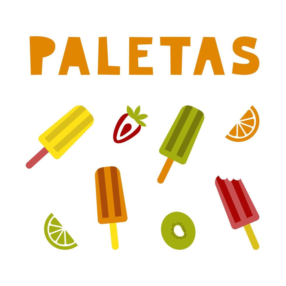 colección tradicional de imágenes prediseñadas de paletas de helados mexicanos. juego de postres de frutas latinoamericanas. ilustración plana vectorial. vector