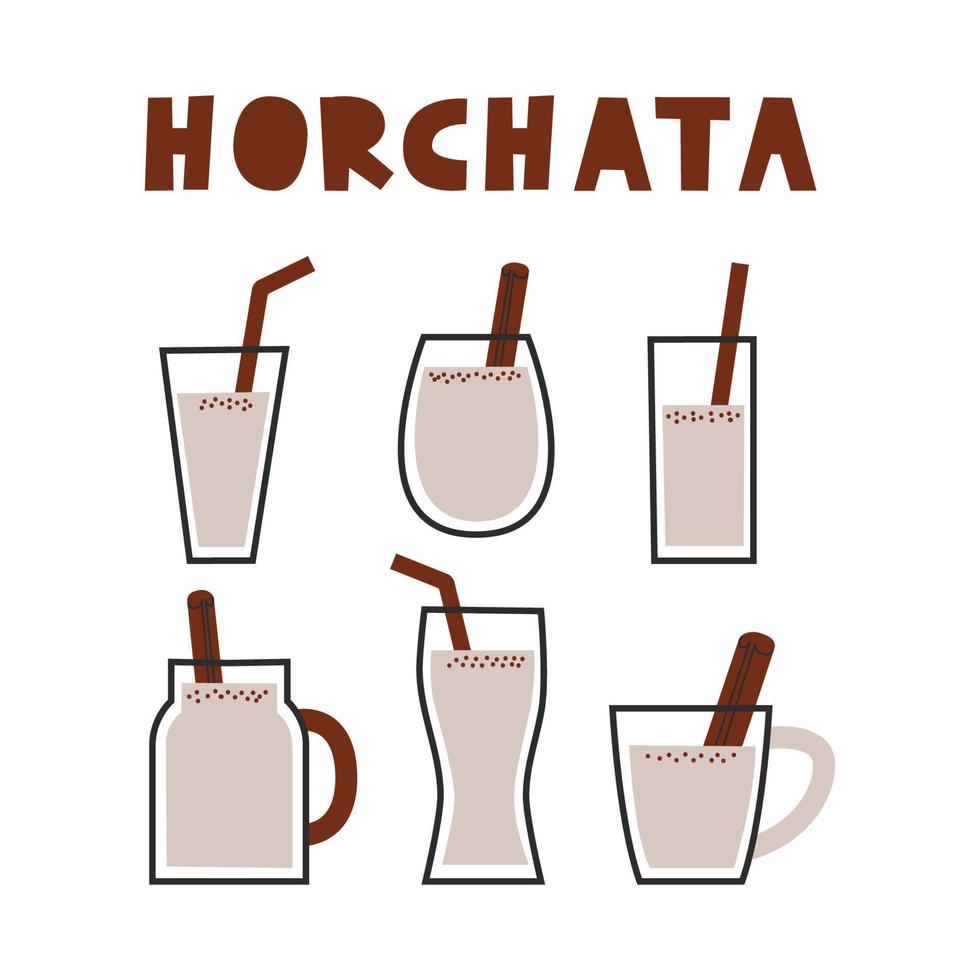 bebida tradicional mexicana y española colección de imágenes prediseñadas de horchata. Juego de bebidas de arroz y canela. ilustración plana vectorial. vector