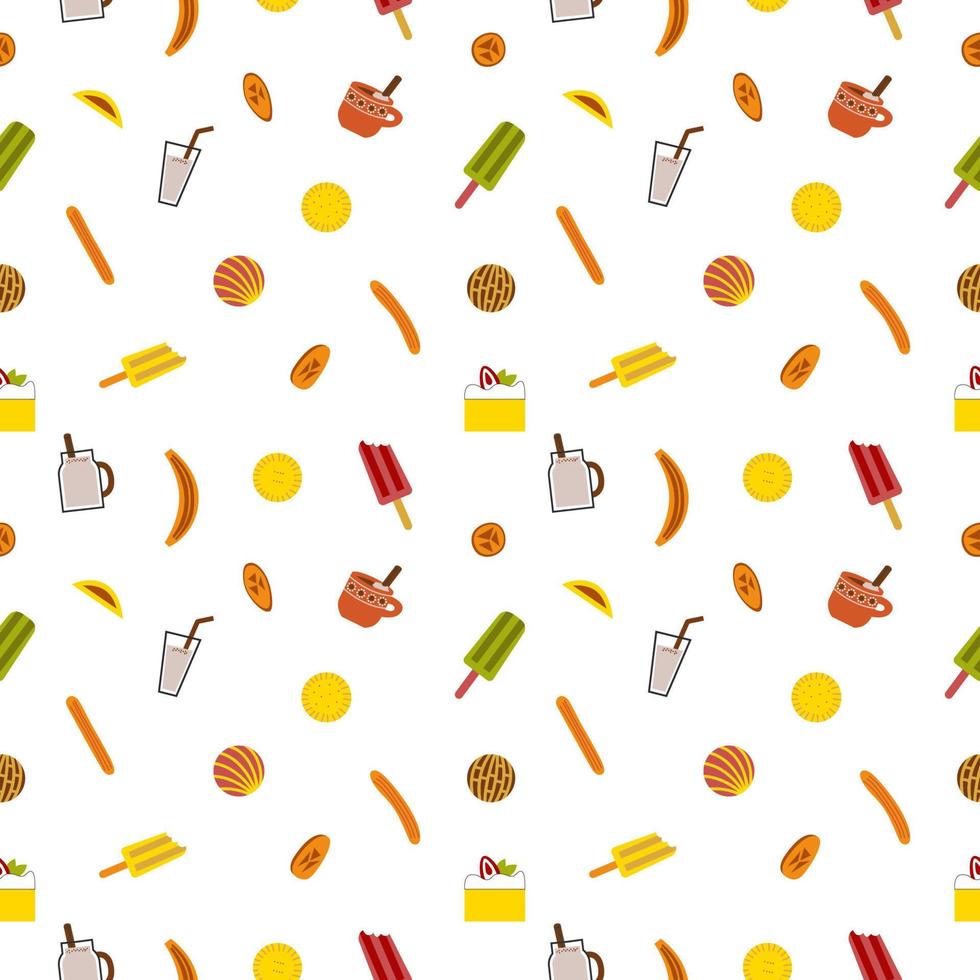 Traditional mexican desserts churros, tres leches, paletas, coyotas, conchas with chocolate sauce seamless pattern. vector