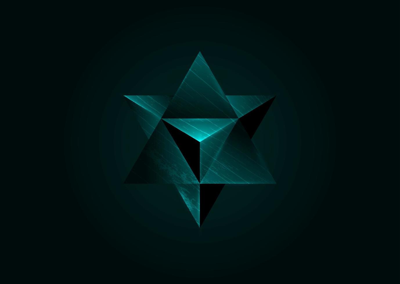 Sacred geometry. 3D Merkaba  geometric triangle shape. esoteric or spiritual symbol. isolated on black background. Star tetrahedron icon. Dark Green Light spirit body, wicca esoteric divination vector