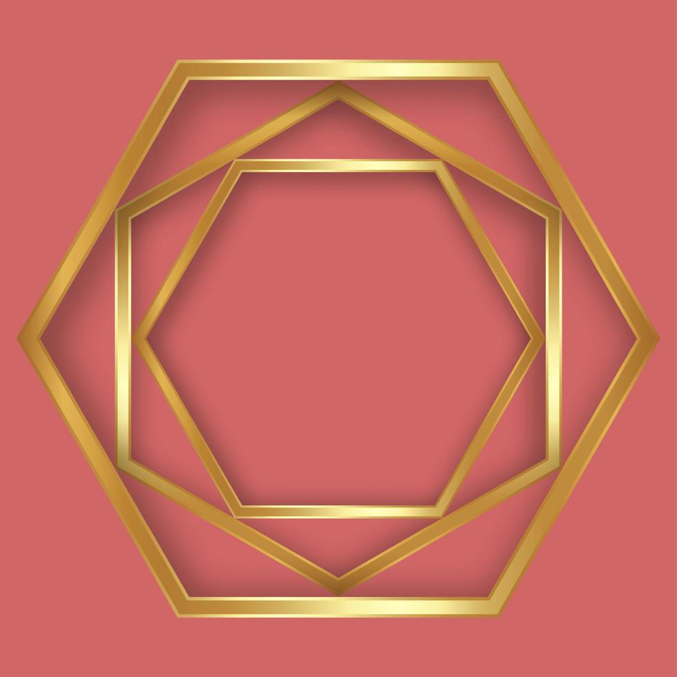 Golden style thin hexagons luxury frame on the old pink background. Perfect design for headline, logo and sale banner. Vector illustration Gold geometric border isolated