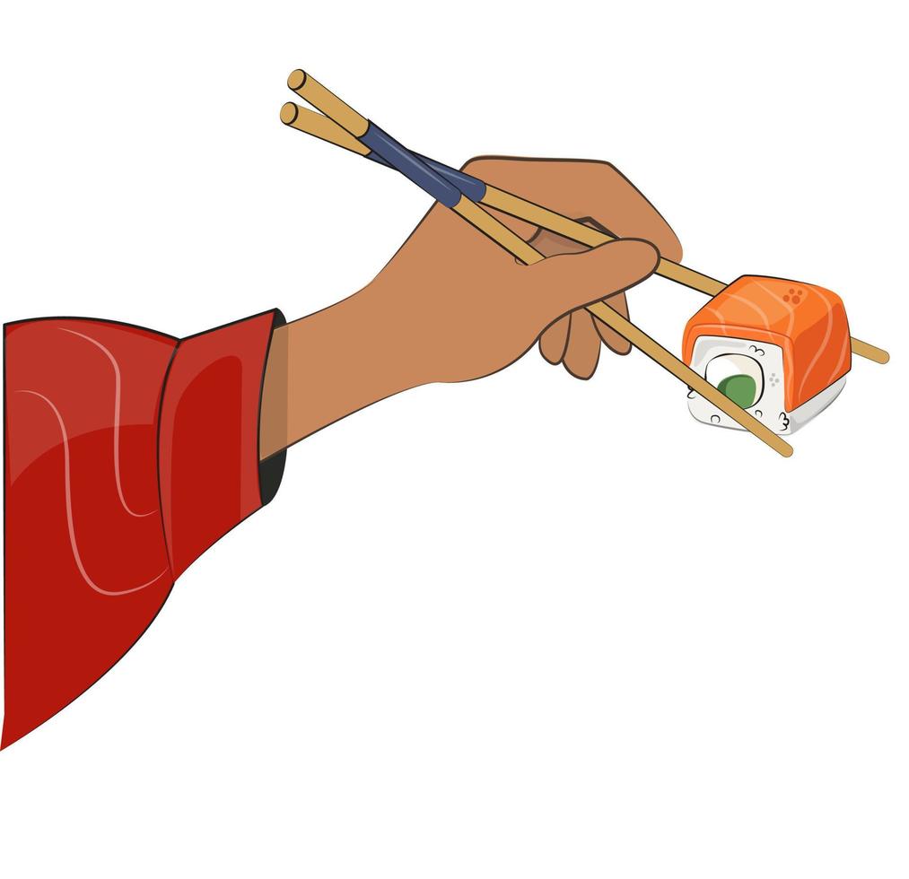 cocina japonesa, mano con palillos, comida asiática. para menús de restaurantes y carteles. sitios de entrega vector ilustración plana aislado sobre fondo blanco. conjunto de salsa de soja onigiri de rollos de sushi. valores