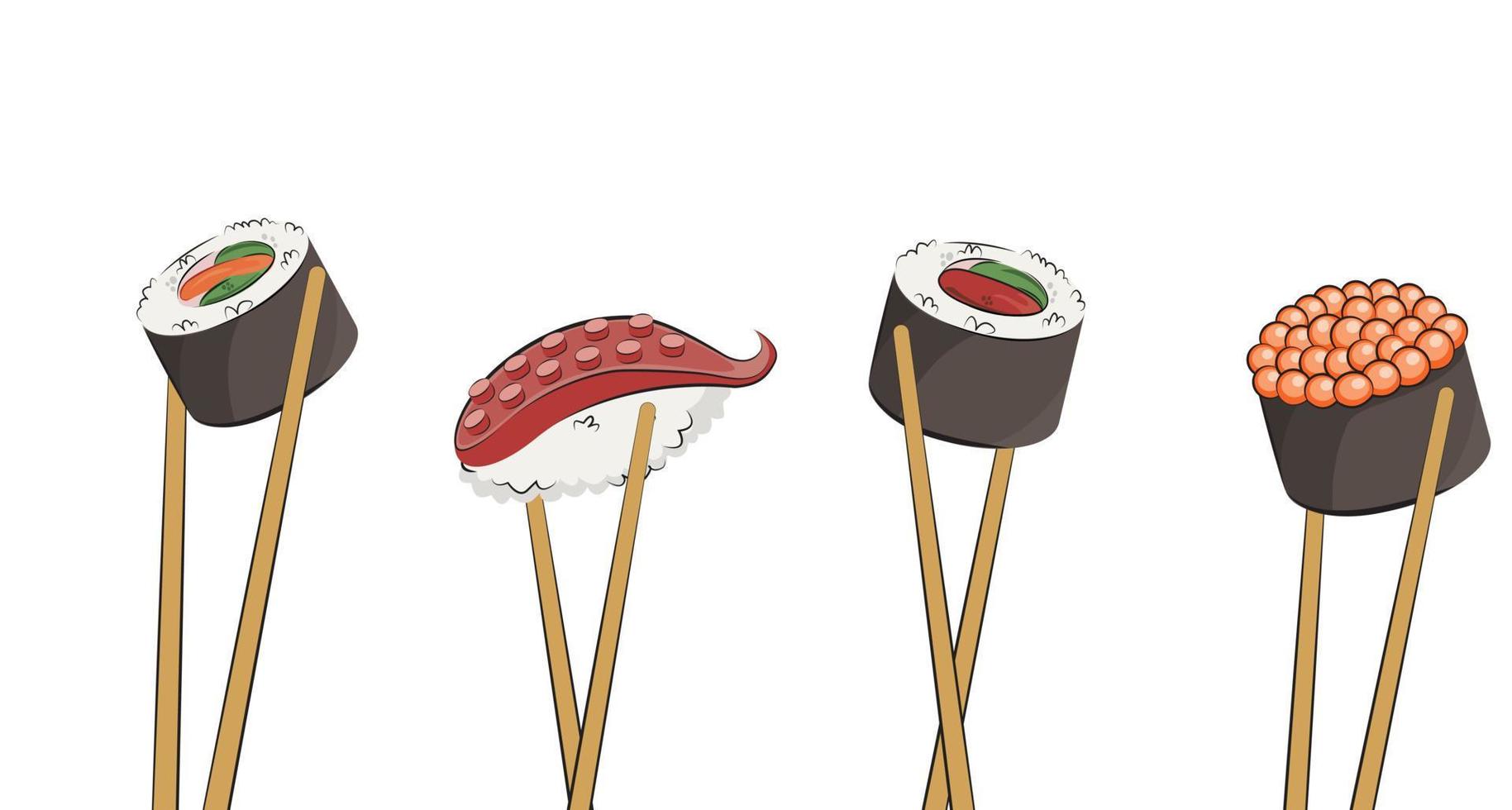 japanese cuisine, hand with chopsticks, asian food. for restaurant menus and posters. delivery sites vector flat illustration isolated on white background. sushi rolls onigiri soy sauce set. stock