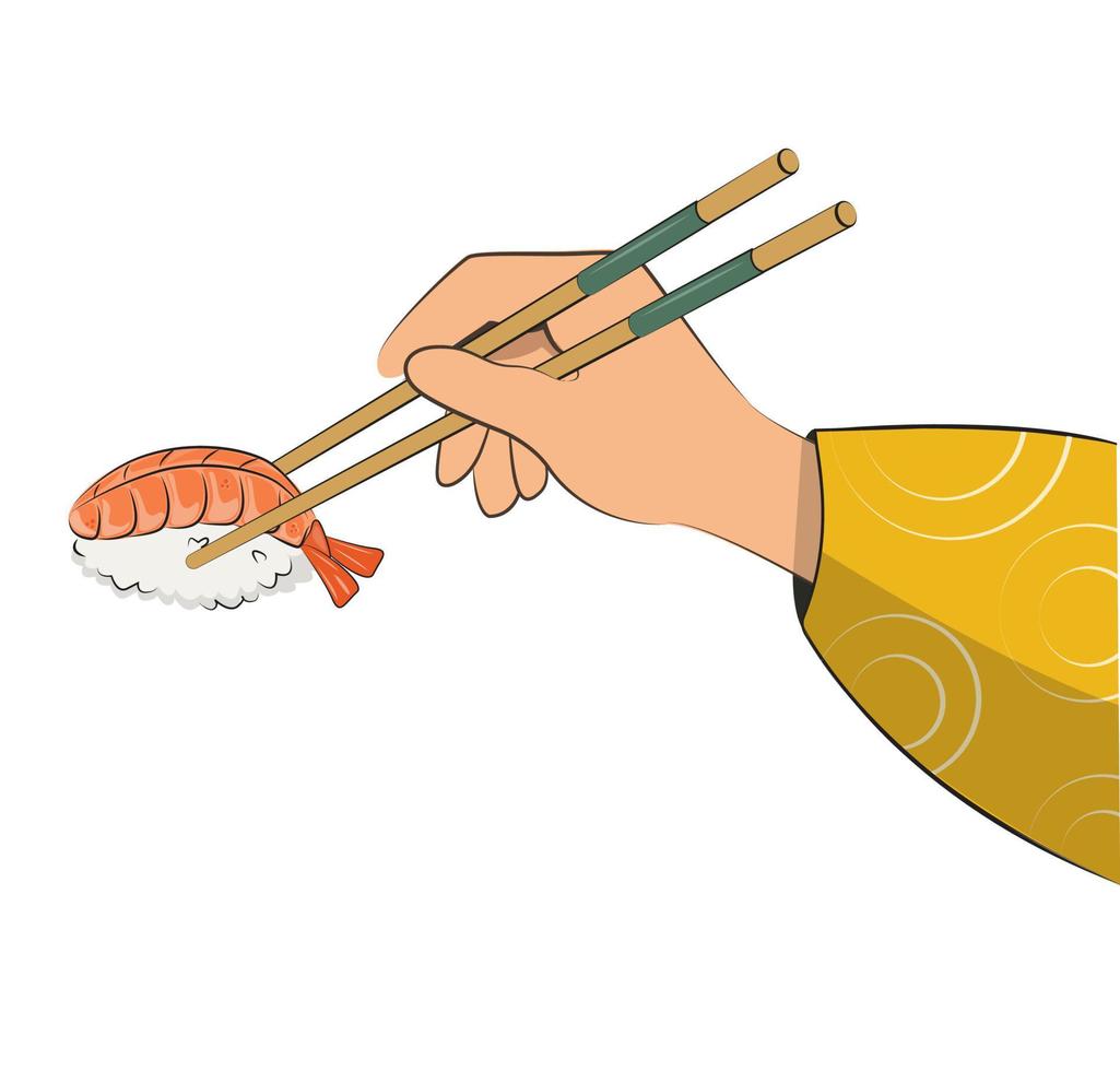 japanese cuisine, hand with chopsticks, asian food. for restaurant menus and posters. delivery sites vector flat illustration isolated on white background. sushi rolls onigiri soy sauce set. stock