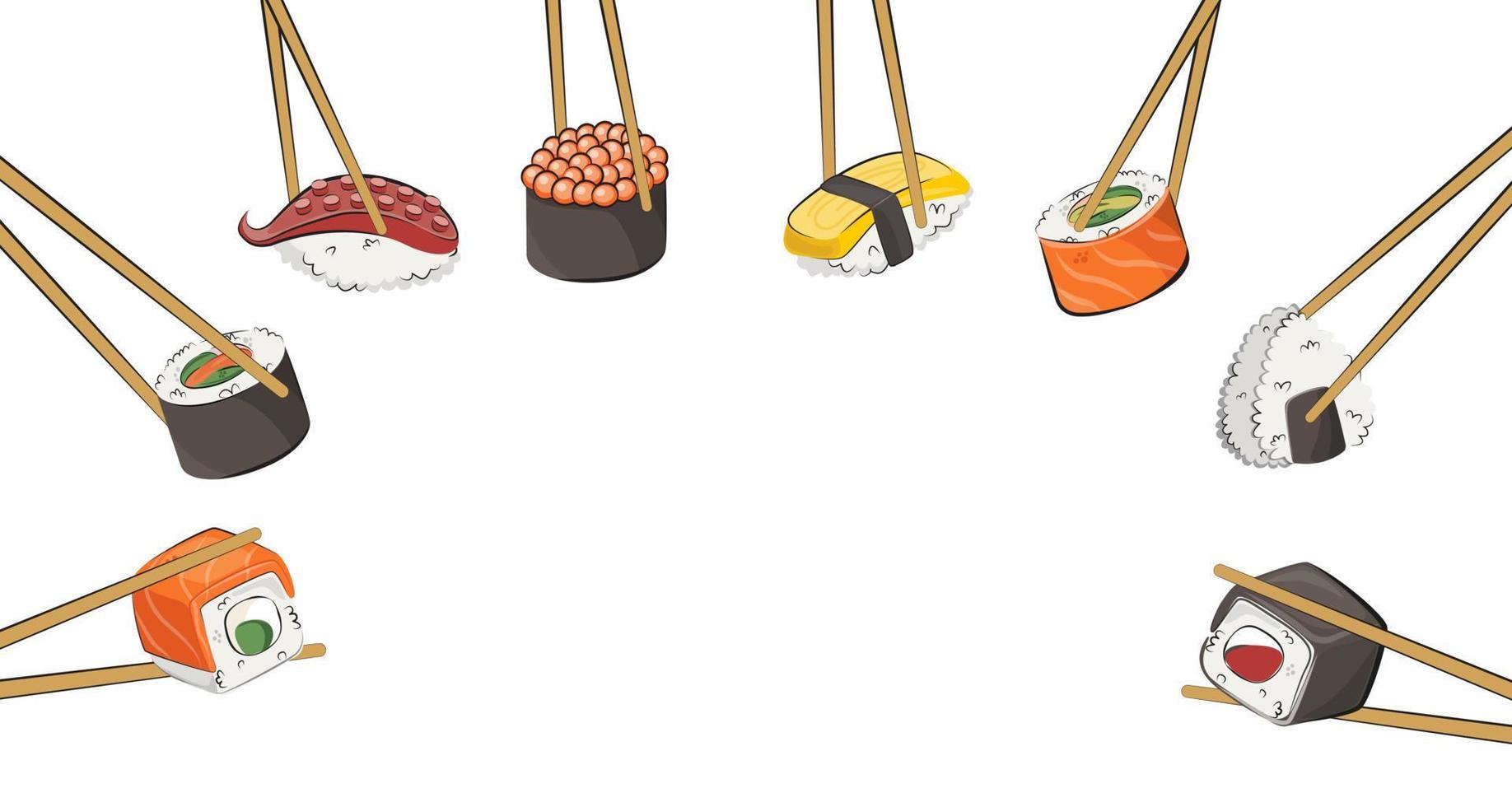 cocina japonesa, mano con palillos, comida asiática. para menús de restaurantes y carteles. sitios de entrega vector ilustración plana aislado sobre fondo blanco. conjunto de salsa de soja onigiri de rollos de sushi. valores