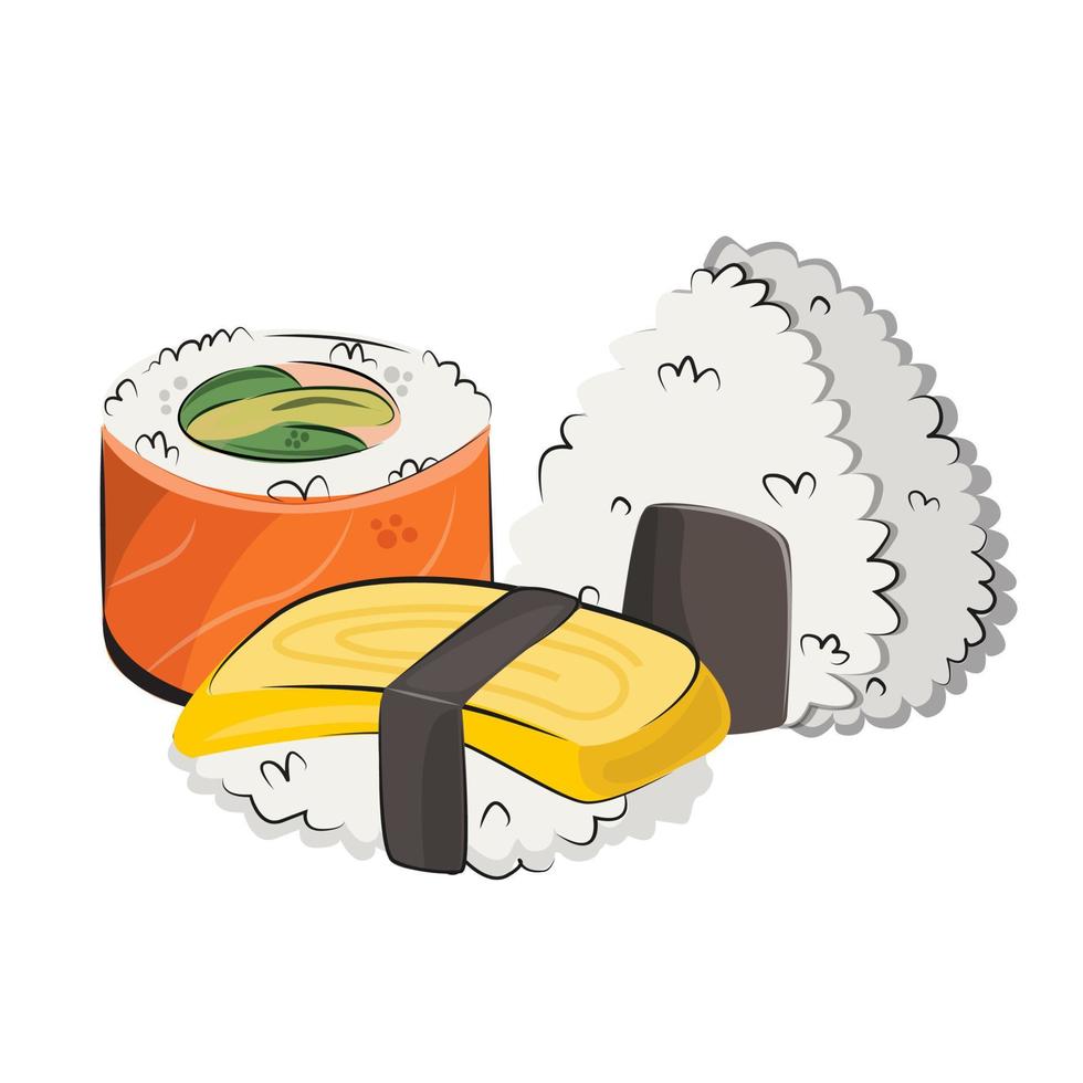 cocina japonesa, comida asiática. para menús de restaurantes y carteles. sitios de entrega vector ilustración plana aislado sobre fondo blanco. conjunto de salsa de soja onigiri de rollos de sushi. imagen de stock.