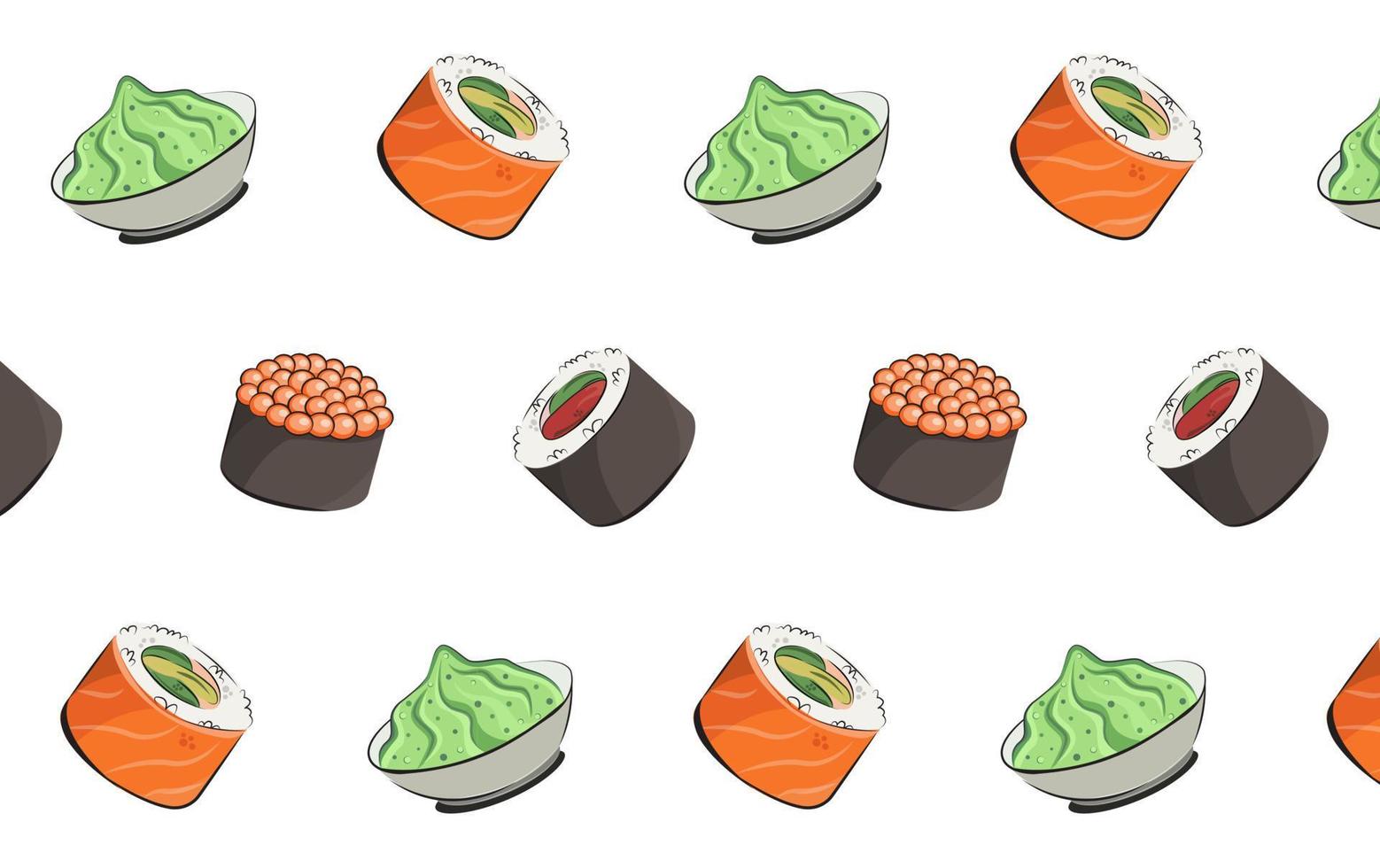 apanese cuisine, food. vector pattern flat illustration isolated on white background. sushi rolls onigiri soy sauce set seamless pattern. stock picture. for restaurant menus and posters. delivery