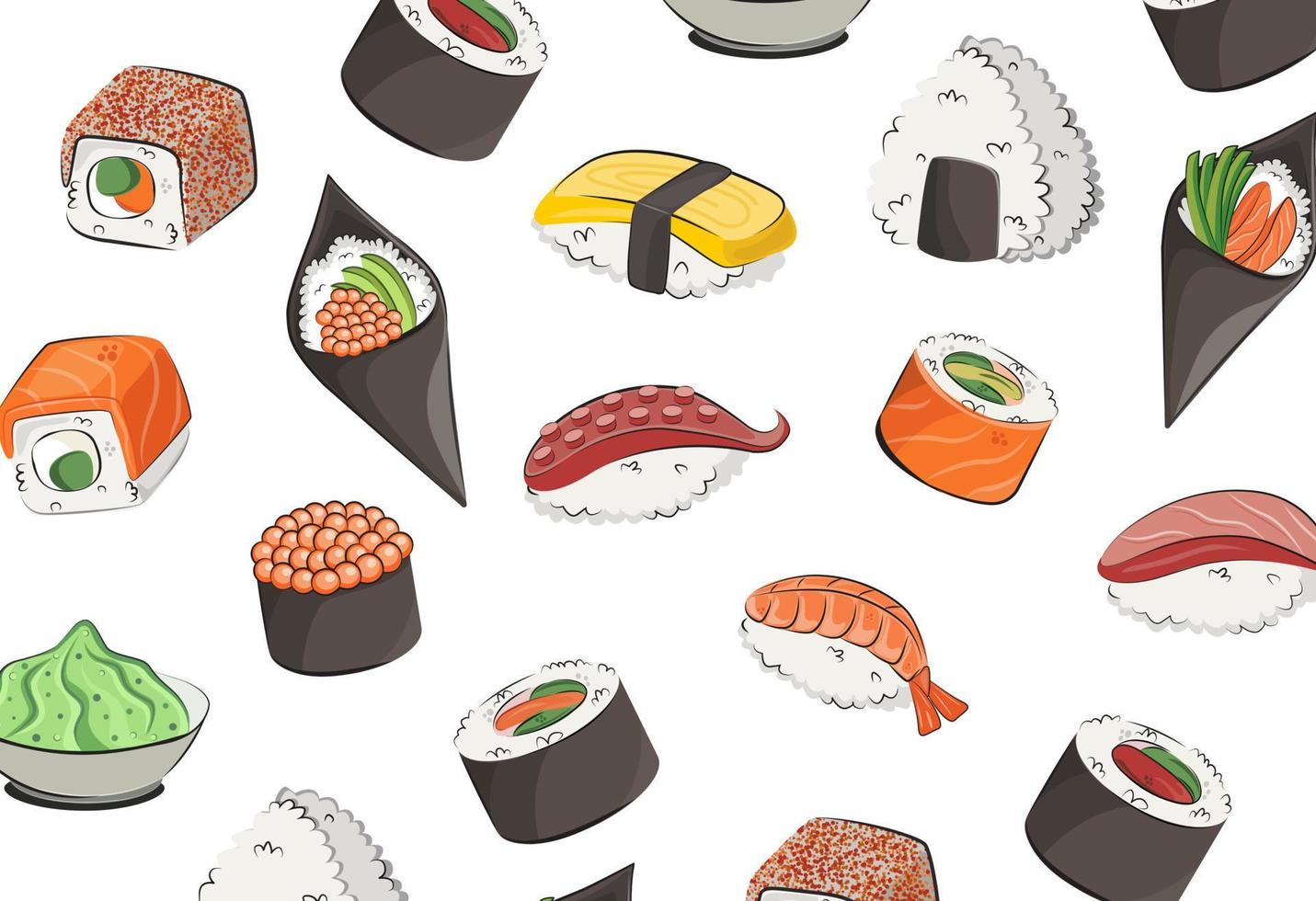 apanese cuisine, food. vector pattern flat illustration isolated on white background. sushi rolls onigiri soy sauce set seamless pattern. stock picture. for restaurant menus and posters. delivery