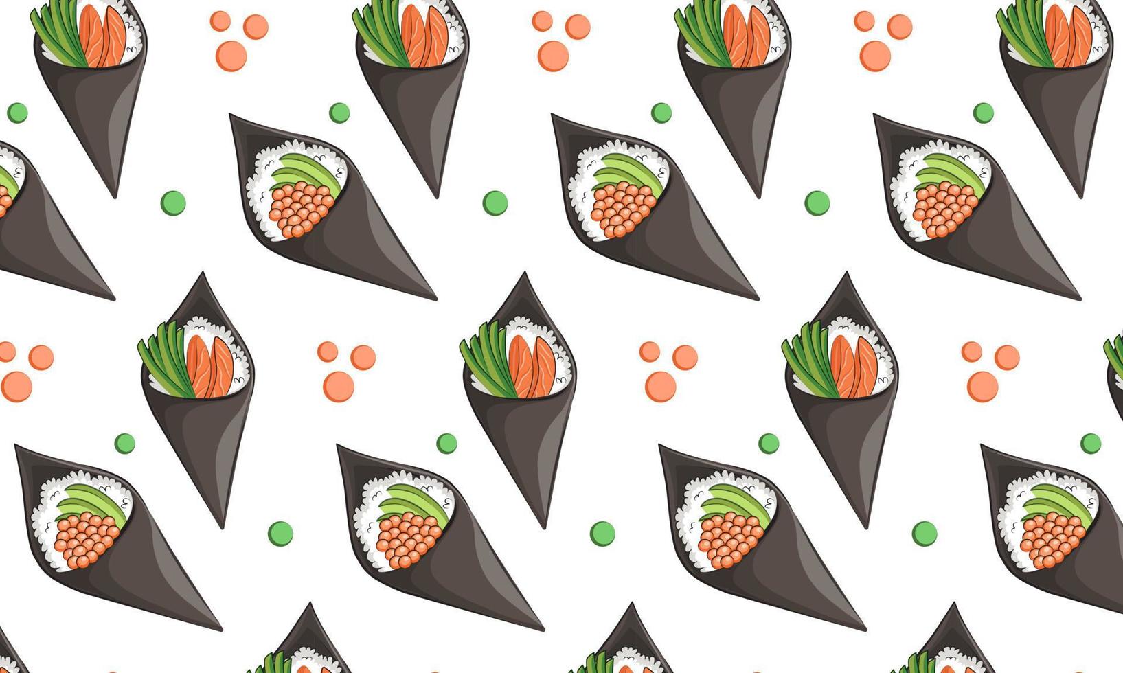 apanese cuisine, food. vector pattern flat illustration isolated on white background. sushi rolls onigiri soy sauce set seamless pattern. stock picture. for restaurant menus and posters. delivery