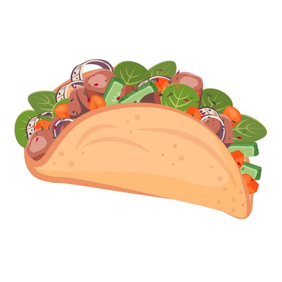 Mexican tacos isolated. Tasty Spicy dish with different filling, meat, vegetables, sauce. Vector flat drawn illustration for restaurant menu, poster, flyer, banner, delivery, cooking concept