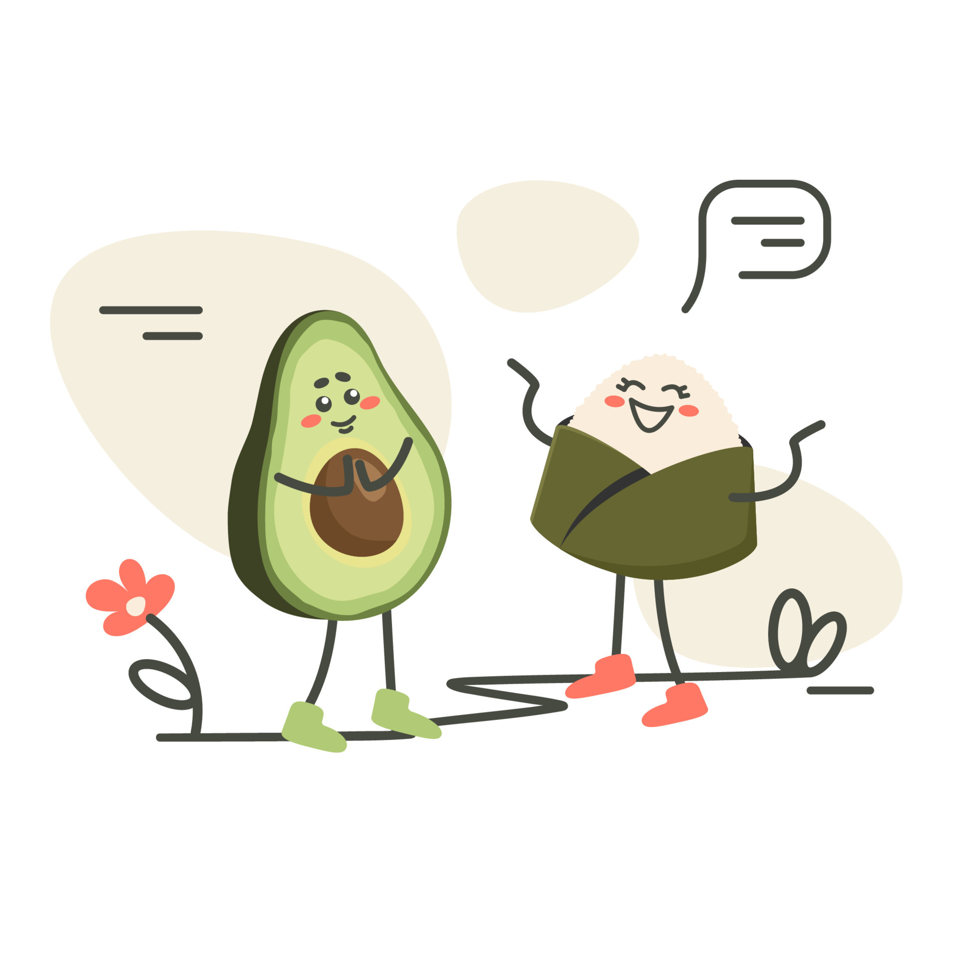 Cartoon characters talking. Japanese onigiri roll with avocado. Asian food.  Doodle drawn vector illustration for dishes, menu, poster, flyer, banner,  delivery, cooking concept 16512636 Vector Art at Vecteezy