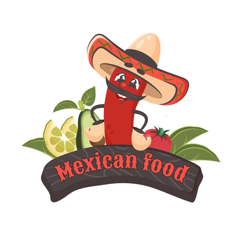 Cartoon funny character chilli pepper with vegetables. Mexican food text on wooden frame. Doodle drawn vector illustration for dishes, menu, poster, flyer, banner, delivery, cooking concept