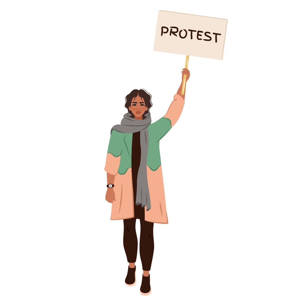 joven árabe vestida de moda con hiyab quitado en el mitin. protestas de mujeres iraníes. derechos de las mujeres. concepto de unidad, libertad, discriminación. la activista sostiene un cartel. ilustración vectorial vector