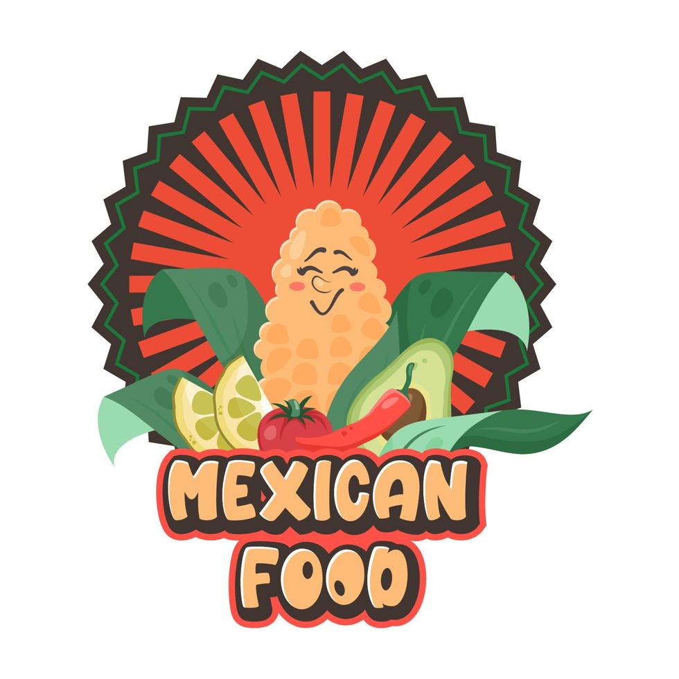 comida mexicana. maíz de carácter divertido con lima, tomate, pimiento, aguacate. rica cosecha. ilustración vectorial dibujada por garabatos para platos, menú, afiche, volante, pancarta, entrega, concepto de cocina vector