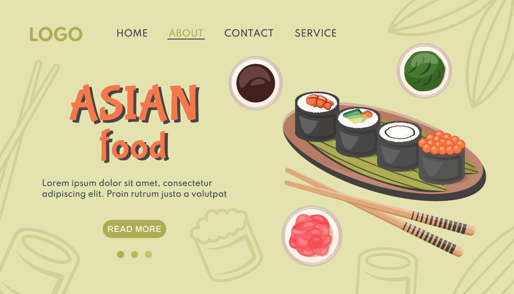 Asian food banner. Traditional Japanese dish with kawaii nigiri sushi, chopsticks, sauce, vassabi.  Vector background with silhouette of sushi maki for oriental menu delivery, cooking concept