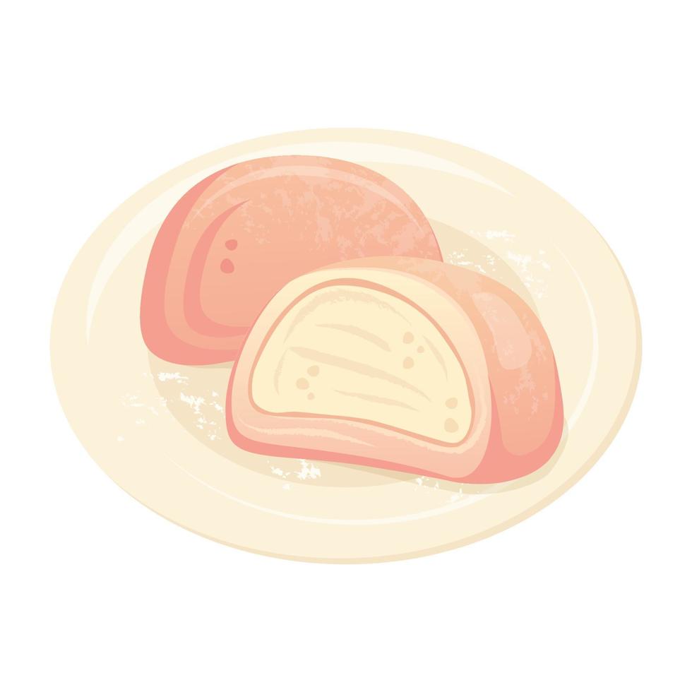 Japanese food isolated. Tasty pink Mochi with filling on porcelain plate isolated. Rice balls Asian food. Vector flat drawn illustration for restaurant dishes, menu, dessert, cooking concept