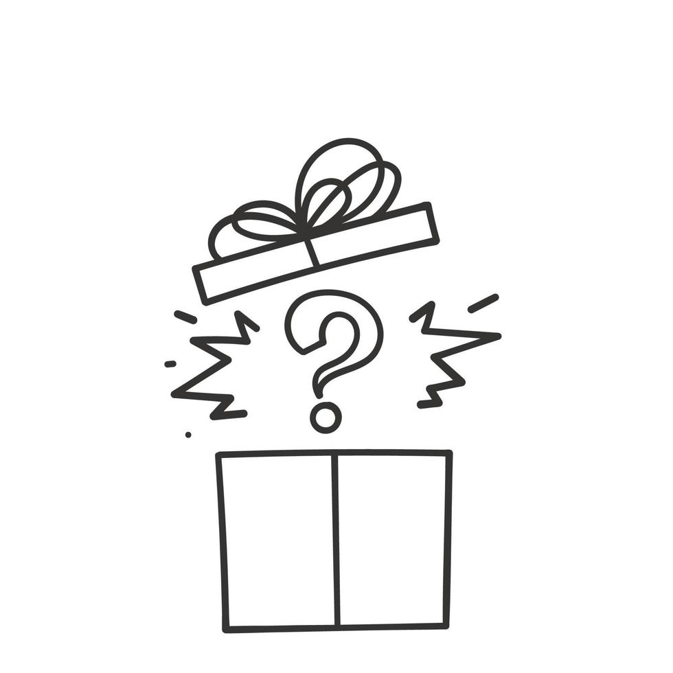 hand drawn doodle gift box and question mark symbol for mystery box vector