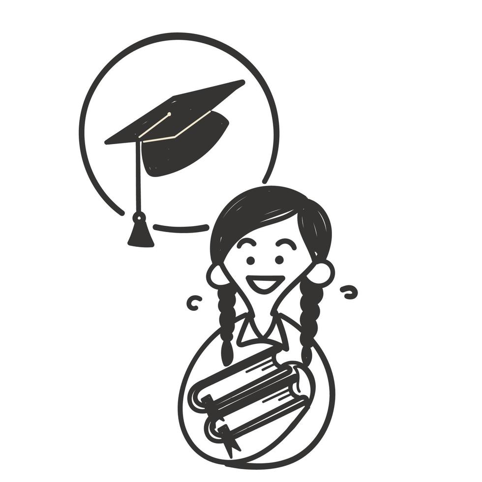 hand drawn doodle woman with book think of graduation hat vector isolated