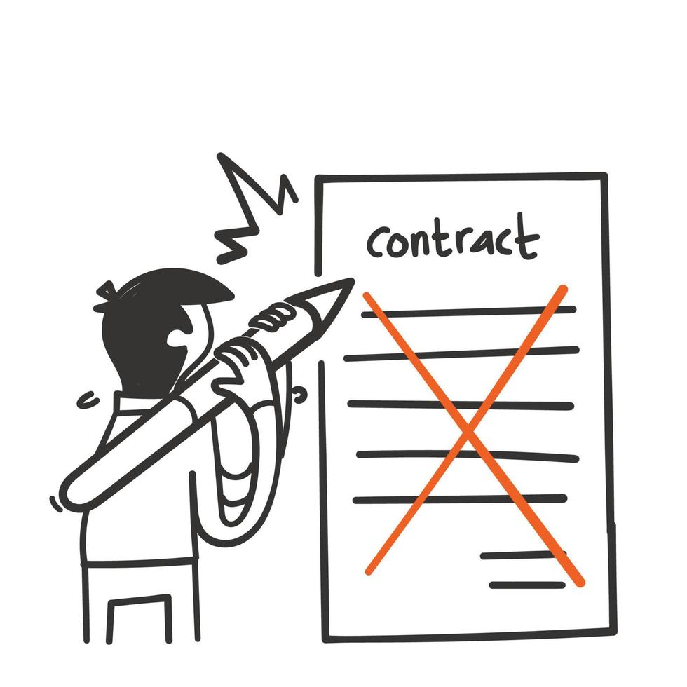 hand drawn doodle contract sheet crossed out with a pen symbol for contract termination vector