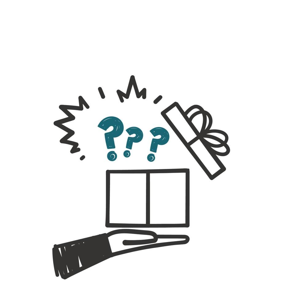 hand drawn doodle gift box and question mark symbol for mystery box vector