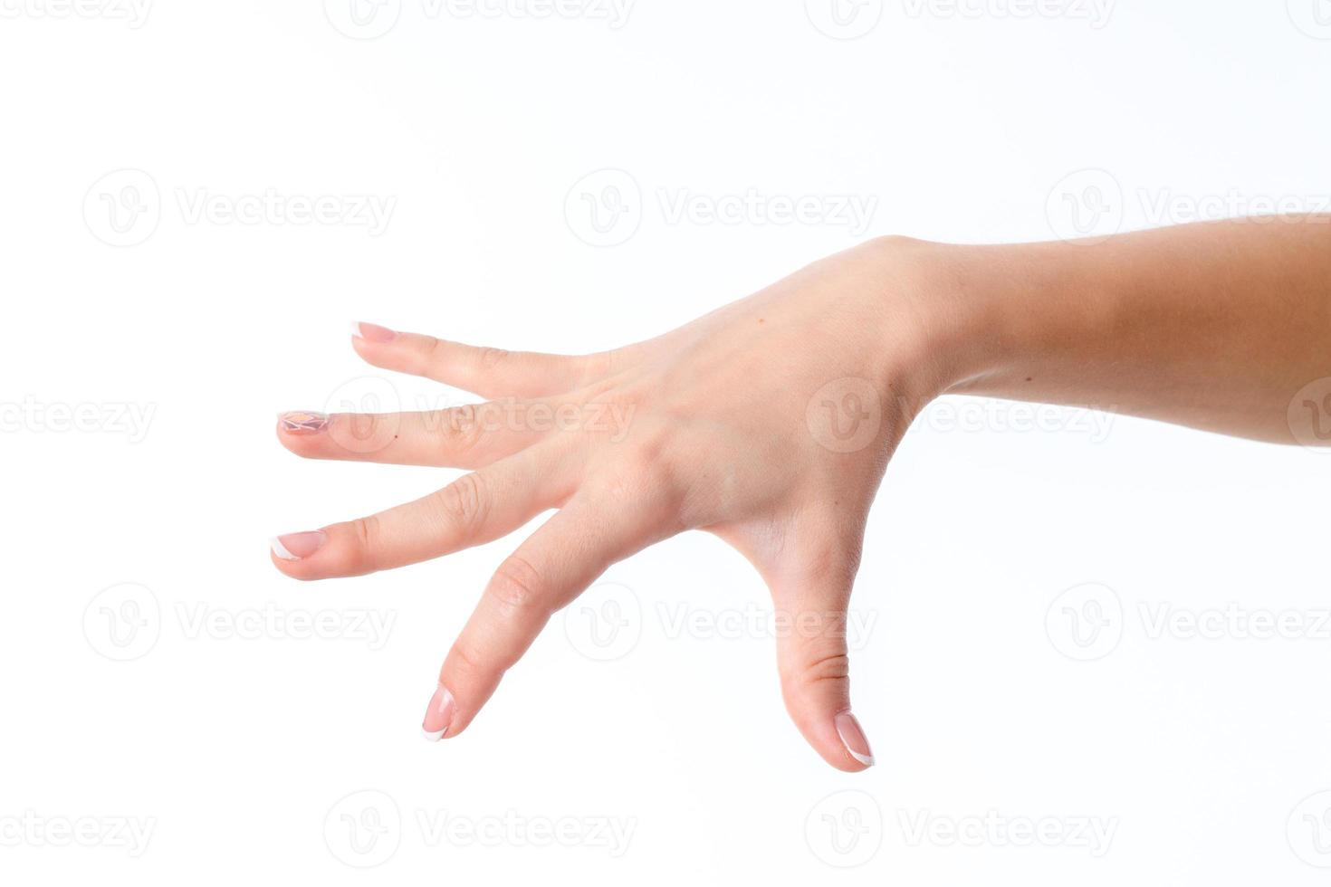 female hand outstretched to the side with a deployed down palms and fingers spaced isolated on white background photo