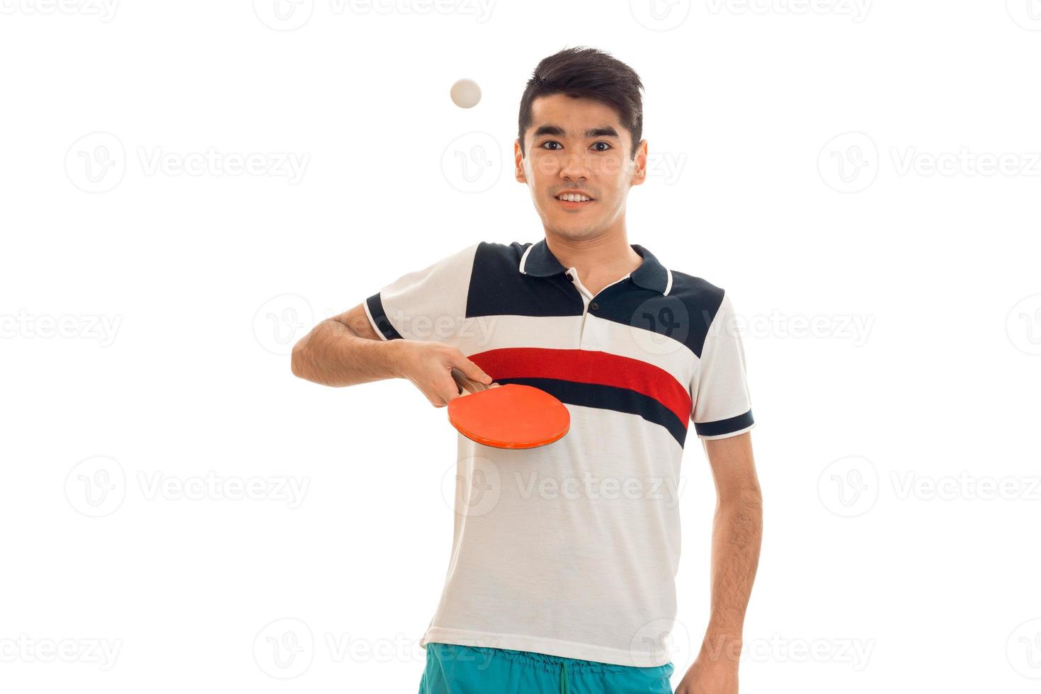 cheerful sportsman practicing ping-pong isolated on white background photo