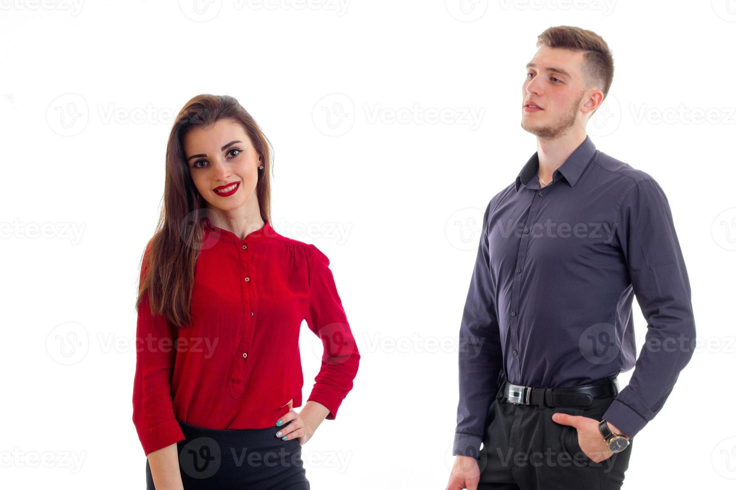 beautiful smiling girl standing next to high young guy photo