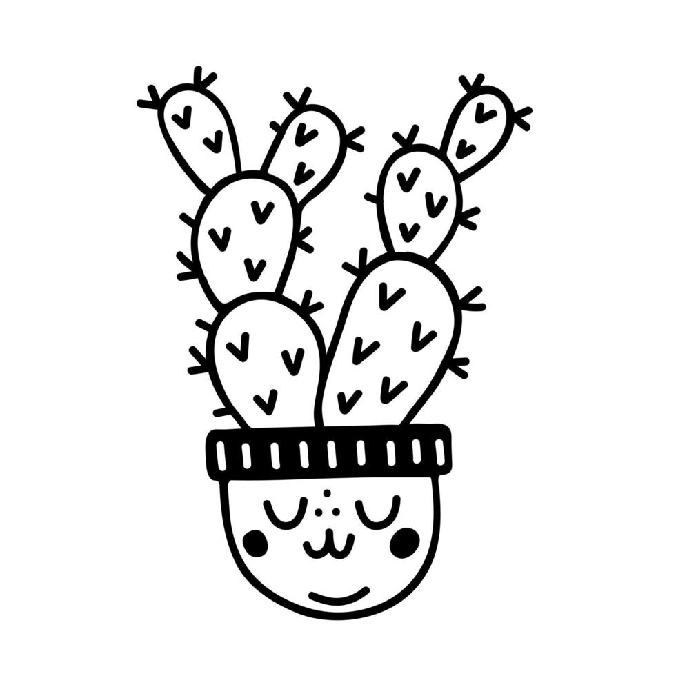 lindo icono de vector de cactus. garabato dibujado a mano aislado en blanco. divertido espinoso suculento. una linda cara sonriente en una maceta. contorno negro, libro de colorear para niños. clipart de dibujos animados para impresiones, tarjetas