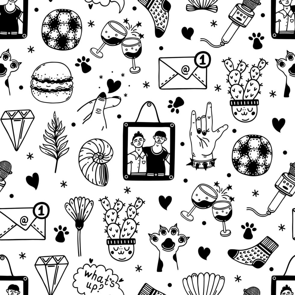 Male friendship seamless vector pattern. Friends, colleagues, team. Symbols of good relations - photos, football, karaoke, rock music, drinking. Hand drawn doodles. Background for cards, posters, web