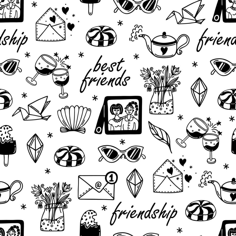 Friendship seamless vector pattern. Friends, colleagues, team. Symbols of good relations - photos, wine, tea, sweets, letters. Teenage girlfriends. Hand drawn doodles. Background for cards, posters