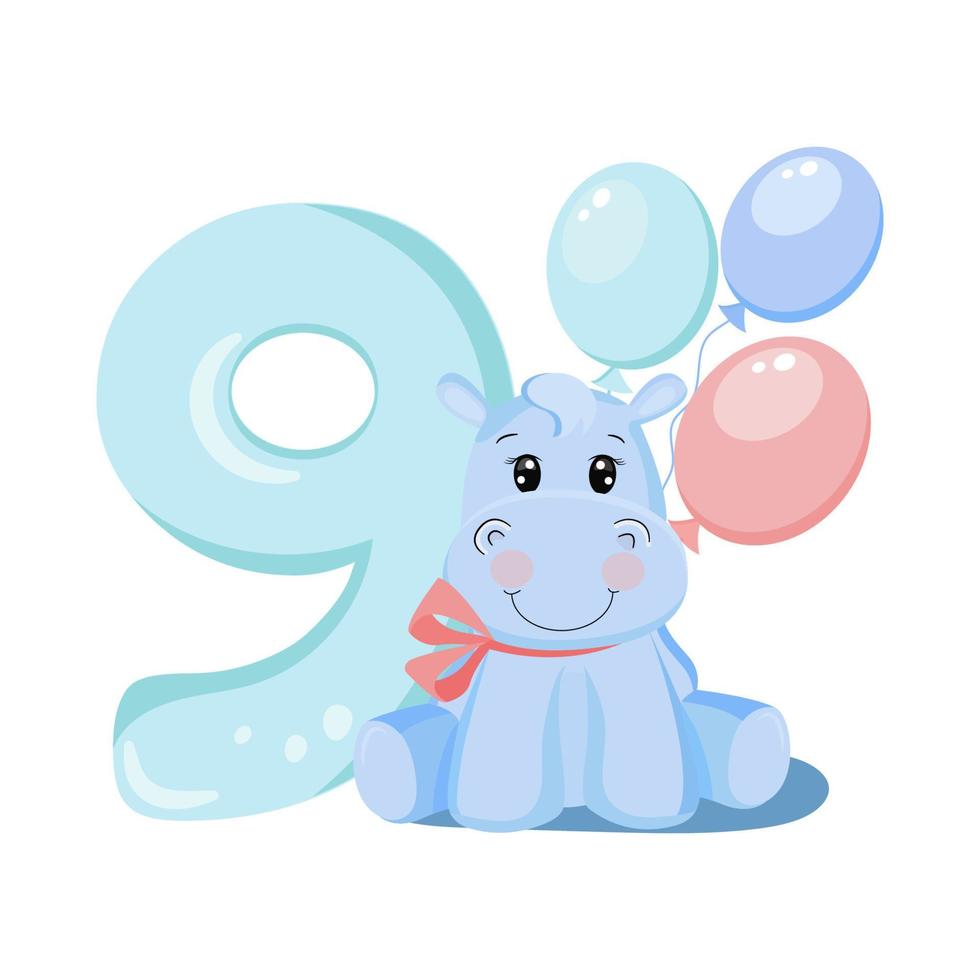 Cute baby girl hippo. Birthday invitation. Nine years, nine months. Happy birthday. vector