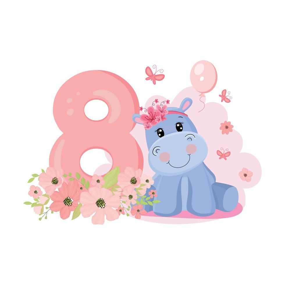 Cute baby girl hippo. Birthday invitation. Eight years, eight months. Happy birthday. vector